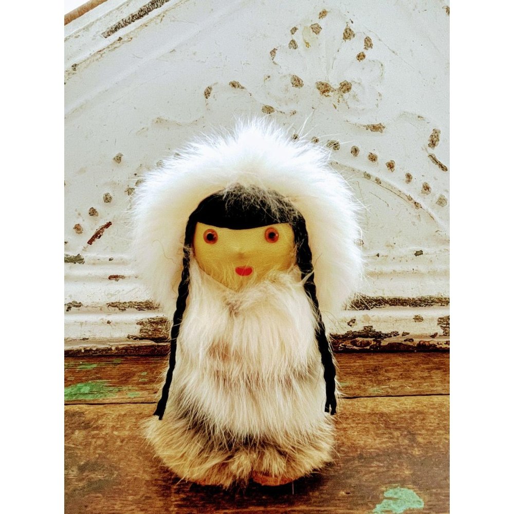 Vintage Rabbit Fur Eskimo Doll Leather glass eyes
